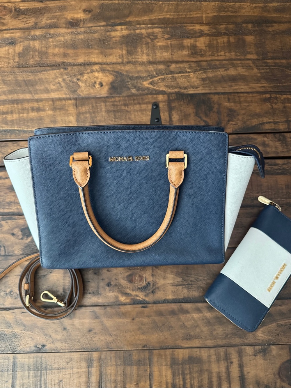 Michael Kors Selma Navy & White Color Block Satchel + Wallet Set